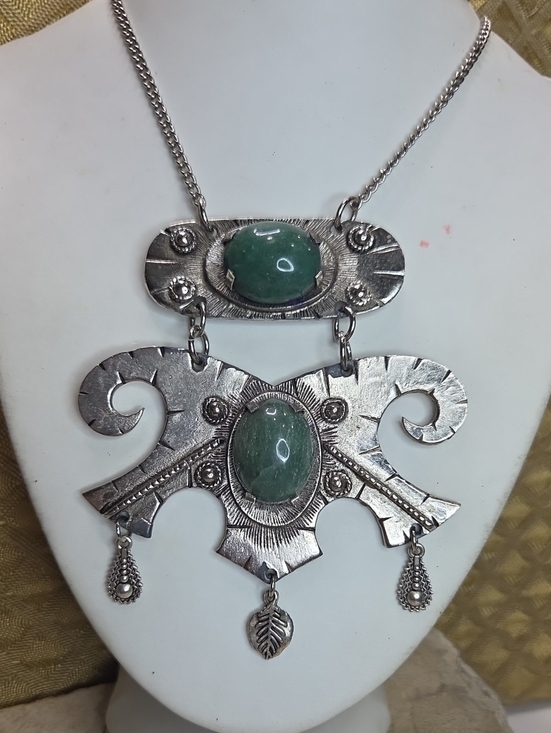 Jewelry - Silver-Tone Genuine Green Jade Stone Statement Necklace